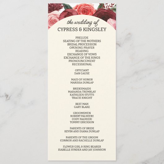 Bourgogne Herfst Floral bruiloft programma Programmakaart (Voorkant)