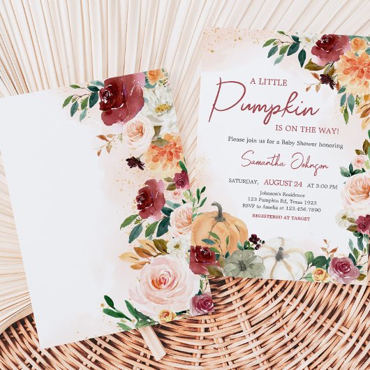 Bourgogne Herfst Floral Pumpkin Baby shower Kaart