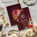 Bourgogne Herfst Flowers Elegant Script 30e Verjaa Kaart<br><div class="desc">Mooie herfst bloemen versieren twee hoeken van een gouden lijst. Rode rozen,  terracotta bloemen en witte pioenen mengen zich met groene bladeren en bladeren. De pop van de bloemblaadjes en het witte moderne schrift tegen de bordeauxrode achtergrond. Dit artikel maakt deel uit van het Bourgogne Herfst Flowers collectie.</div>