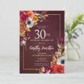 Bourgogne Herfst Flowers Elegant Script 30e Verjaa Kaart (Staand voorkant)