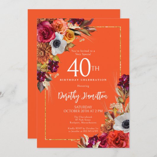 Bourgogne Herfst Flowers Elegant Script 40th Birth Kaart (Voorkant / Achterkant)