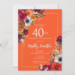 Bourgogne Herfst Flowers Elegant Script 40th Birth Kaart