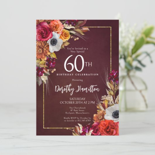 Bourgogne Herfst Flowers Elegant Script 60th Birth Kaart (Staand voorkant)