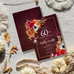 Bourgogne Herfst Flowers Elegant Script 60th Birth Kaart<br><div class="desc">Mooie herfst bloemen versieren twee hoeken van een gouden lijst. Rode rozen,  terracotta bloemen en witte pioenen mengen zich met groene bladeren en bladeren. De pop van de bloemblaadjes en het witte moderne schrift tegen de bordeauxrode achtergrond. Dit artikel maakt deel uit van het Bourgogne Herfst Flowers collectie.</div>