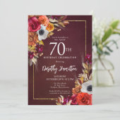 Bourgogne Herfst Flowers Elegant Script 70th Birth Kaart (Staand voorkant)