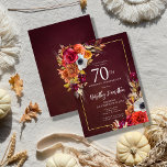 Bourgogne Herfst Flowers Elegant Script 70th Birth Kaart<br><div class="desc">Mooie herfst bloemen versieren twee hoeken van een gouden lijst. Rode rozen,  terracotta bloemen en witte pioenen mengen zich met groene bladeren en bladeren. De pop van de bloemblaadjes en het witte moderne schrift tegen de bordeauxrode achtergrond. Dit artikel maakt deel uit van het Bourgogne Herfst Flowers collectie.</div>