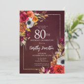 Bourgogne Herfst Flowers Elegant Script 80th Birth Kaart (Staand voorkant)