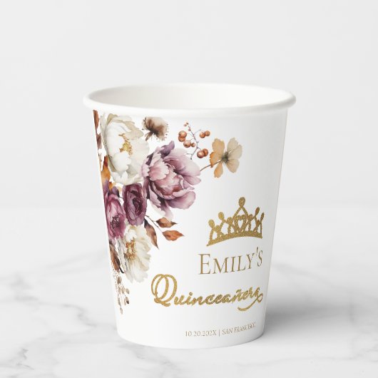 Bourgogne Herfst Herfst Floral Quinceanera Papieren Bekers (Achterkant)