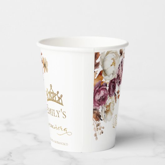 Bourgogne Herfst Herfst Floral Quinceanera Papieren Bekers (Rechts)
