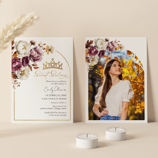 Bourgogne Herfst Herfst Floral Sweet 16 Foto Kaart