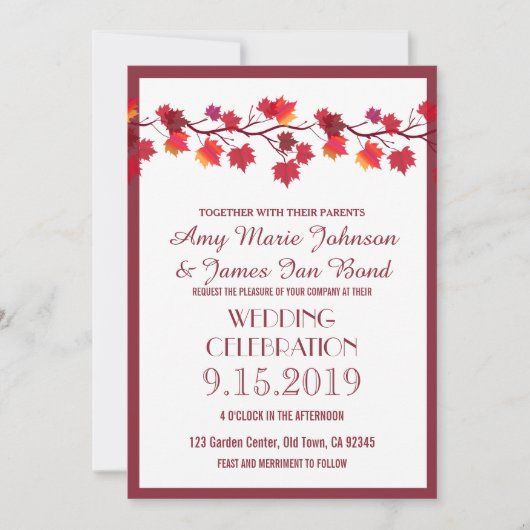 Bourgogne Herfst herfst Leaf Wedding Invitations Kaart (Voorkant)