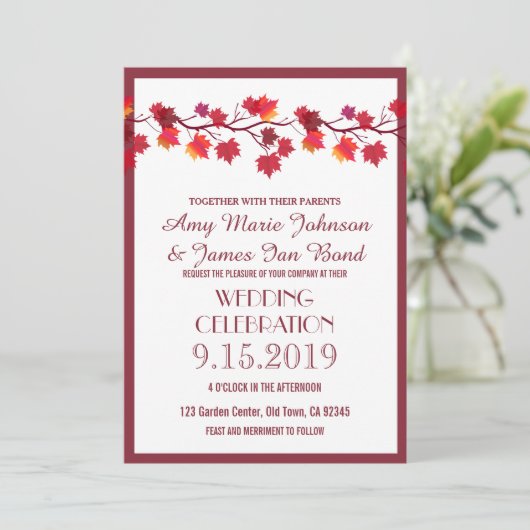 Bourgogne Herfst herfst Leaf Wedding Invitations Kaart (Staand voorkant)