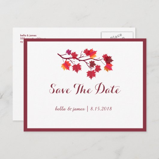 Bourgogne Herfst Leafs Bruiloft Save The Date Brie Aankondigingskaart (Voorkant / Achterkant)