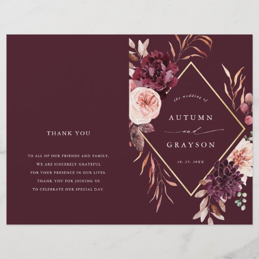 Bourgogne Herfst Romance Gouden Lijst Trouwprogram (Voorkant)