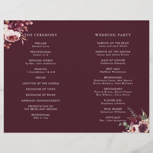 Bourgogne Herfst Romance Gouden Lijst Trouwprogram (Achterkant)