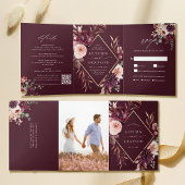 Bourgogne Herfst Romance Waterverf Bloemen Huwelij Drieluik Uitnodiging