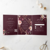 Bourgogne Herfst Romance Waterverf Bloemen Huwelij Drieluik Uitnodiging (Binnen)