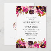 Bourgogne, hot & Blush roze en Paarse Floral Wedde Kaart (Voorkant / Achterkant)