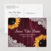 Bourgogne hout zonnebloem bruiloft aankondigingskaart (Voorkant / Achterkant)