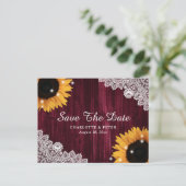 Bourgogne hout zonnebloem bruiloft aankondigingskaart (Staand voorkant)