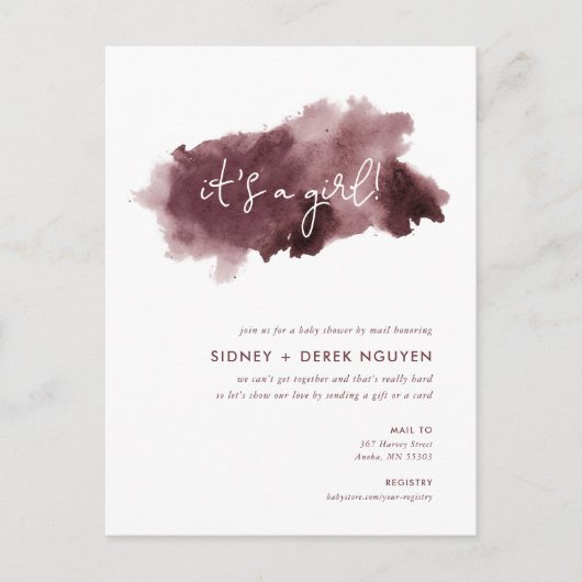 Bourgogne Ink Wash Girl Baby shower per post Uitno Feestdagenkaart (Voorkant)