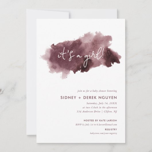 Bourgogne Ink Wash Het is een meisje Baby shower Kaart (Voorkant)