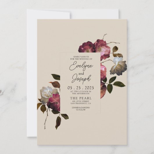 Bourgogne Ivoor Bloemen Boho Chic Modern Bruiloft Kaart (Voorkant)