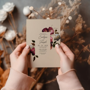 Bourgogne Ivoor Bloemen Boho Chic Modern Bruiloft Kaart