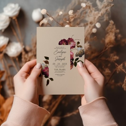 Bourgogne Ivoor Bloemen Boho Chic Modern Bruiloft Kaart