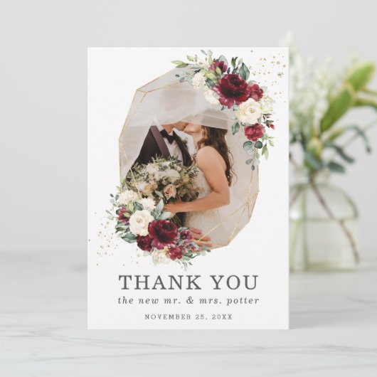 Bourgogne Ivoor Bloemen Goud Geometrische foto Huw Bedankkaart (Staand voorkant)