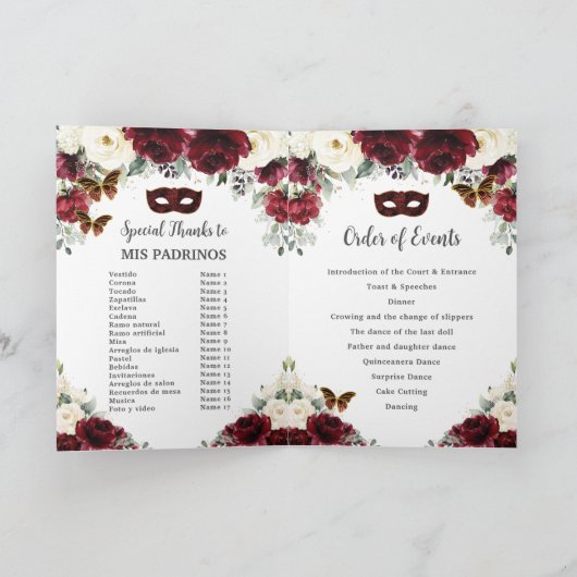 Bourgogne Ivoor Bloemen Goud Quinceañera Masquerad Programma (Binnen)