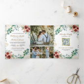 Bourgogne Ivoor Bloemen Salie Bladeren QR Code Bru Drieluik Uitnodiging (Binnen)