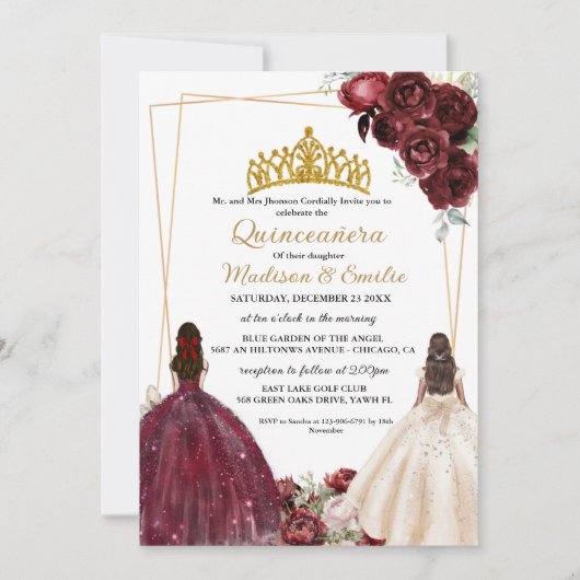 Bourgogne & Ivoor Butterfly Twin Quinceanera Kaart (Voorkant)