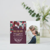 Bourgogne Ivoor Floral Arrangement Gold Save Date Briefkaart (Staand voorkant)