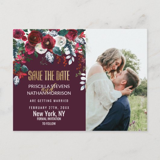 Bourgogne Ivoor Floral Arrangement Gold Save Date Briefkaart (Voorkant)