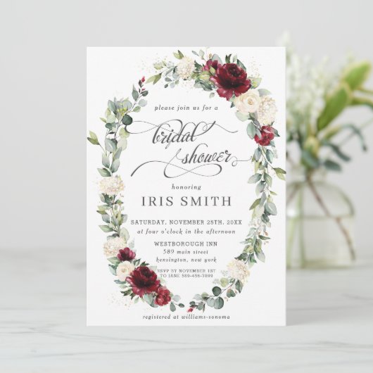 Bourgogne Ivoor Floral Leafy Krans Vrijgezellenfee Kaart (Staand voorkant)