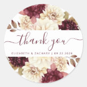 Bourgogne Ivoor Floral Wedding Bedankt Ronde Sticker (Voorkant)