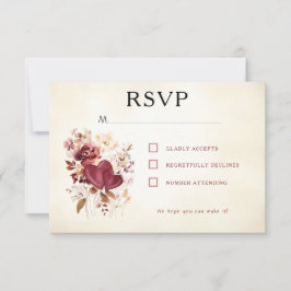 Bourgogne & Ivoor Harten & Bloemen Elegant RSVP Kaartje