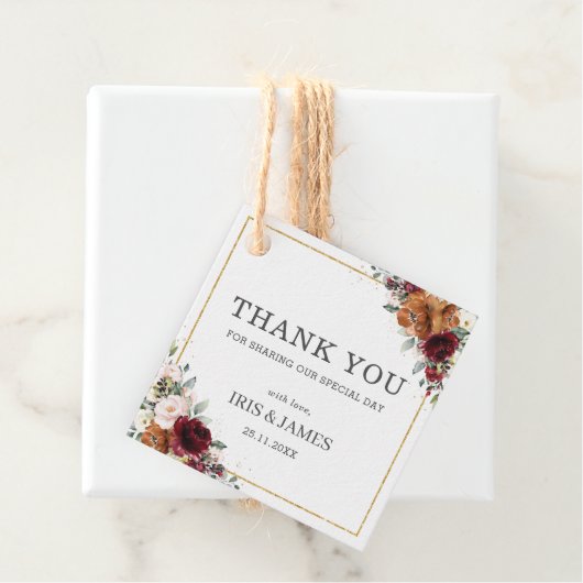 Bourgogne Ivoor Sinaasappel Bloemen Bruiloft Dank  Bedankjes Labels (In situ)