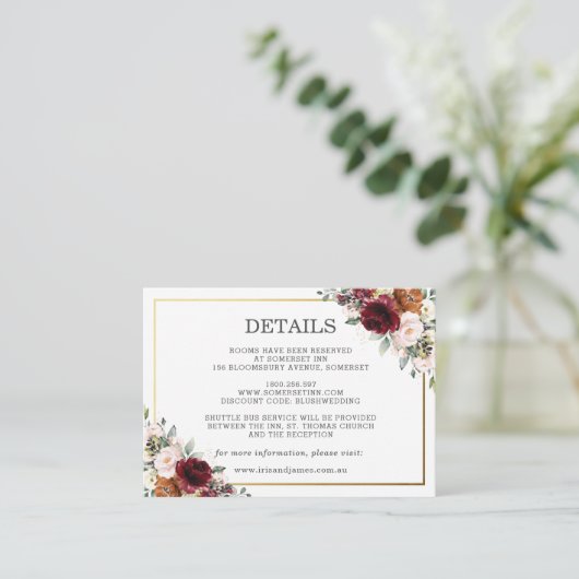 Bourgogne Ivoor Sinaasappel Bloemen bruiloft Detai Informatiekaartje (Staand voorkant)