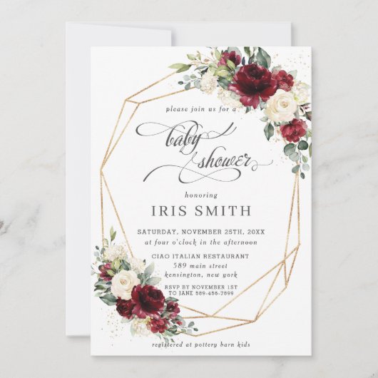 Bourgogne Ivoor Witte Bloemen Baby shower geometri Kaart (Voorkant)