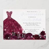 Bourgogne Jurk Zilveren Bloemen Vlinder Folie Uitnodiging (Voorkant)