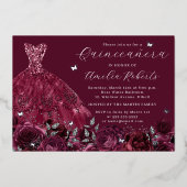 Bourgogne Jurk Zilveren Vlinder Bloemen Folie Uitnodiging (Voorkant)