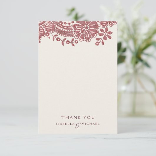 Bourgogne kant rustieke bruiloft dank u bedankkaart (Staand voorkant)