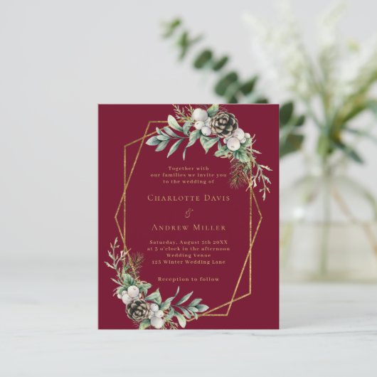 Bourgogne kegel groen gouden bruiloft uitnodiging (Staand voorkant)