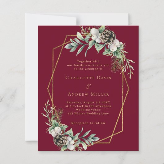 Bourgogne kegel groen gouden bruiloft uitnodiging (Voorkant)