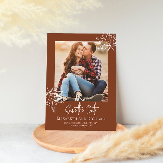 Bourgogne Leaf Script Foto bruiloft Bewaar de datu Save The Date