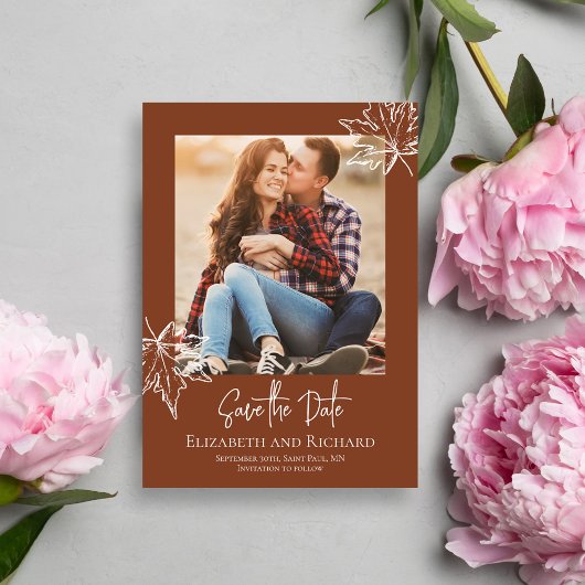 Bourgogne Leaf Script Foto bruiloft Bewaar de datu Save The Date