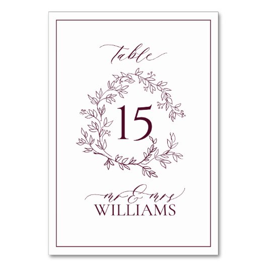 Bourgogne Leafy Crest Monogram Floral Wedding Kaart (Voorkant)