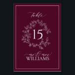 Bourgogne Leafy Crest Monogram Floral Wedding Kaart<br><div class="desc">Verhoog uw receptiedecor met deze prachtig ontworpen tafelnummers, met een verfijnde bladerige monogram-kam. De diepe bordeauxrode achtergrond straalt warmte en elegantie uit en leidt gasten moeiteloos naar hun stoel terwijl ze naadloos in een verfijnde tafelvorm mengen. Ontworpen voor bruiloften met een tijdloze esthetiek, combineert dit stuk perfect met coördinerende bewegwijzering...</div>
